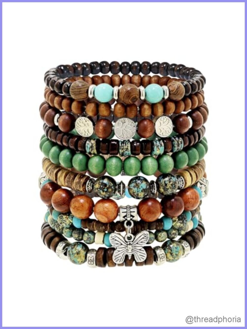 10 Pcs Stackable Bohemian Beaded Bracelets, Wooden Turquoise Stretch Bracelets